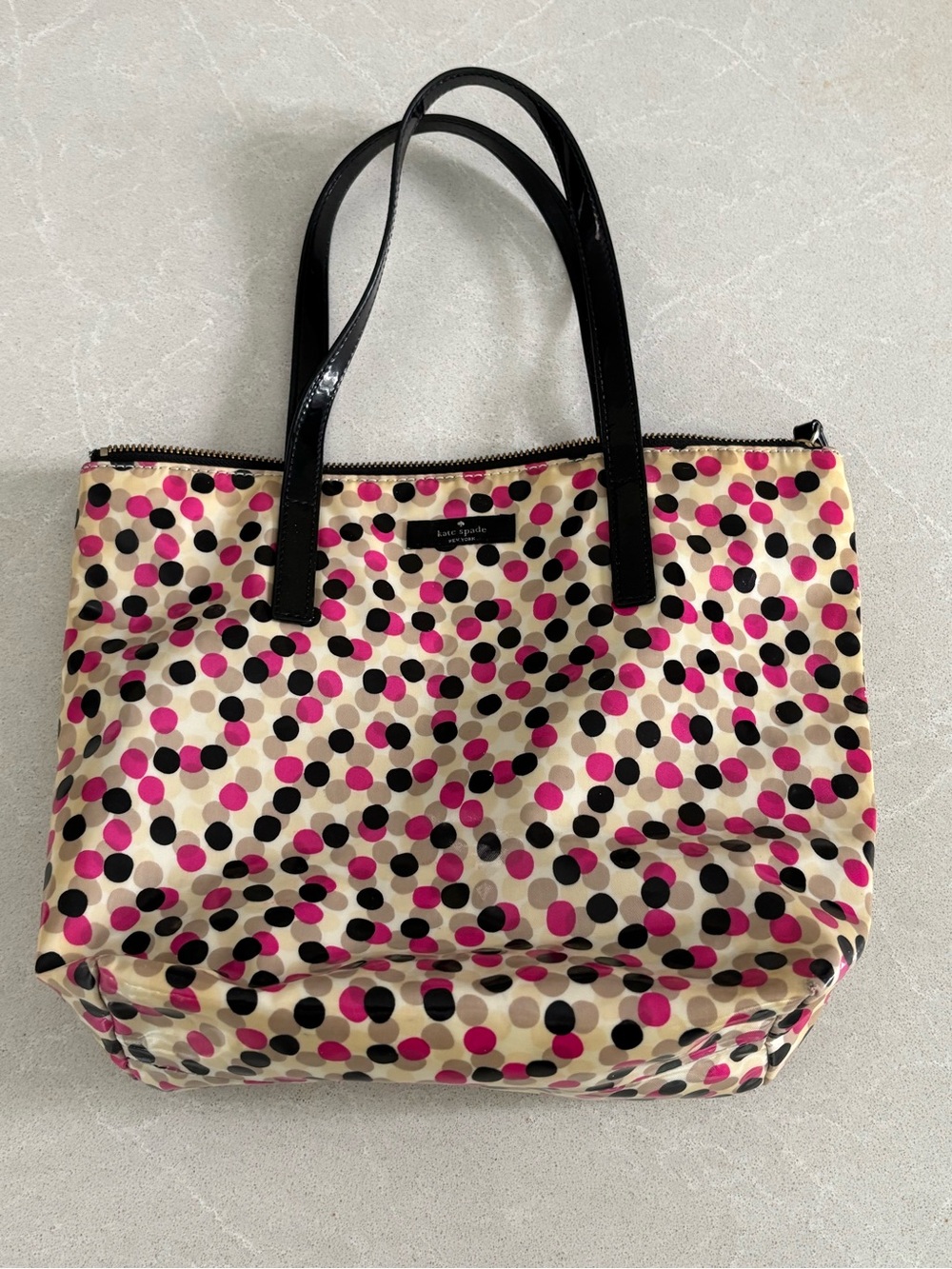 Kate Spade Vintage Confetti Polka Dot Nylon Zipper Tote Bag Pink Black Luxury